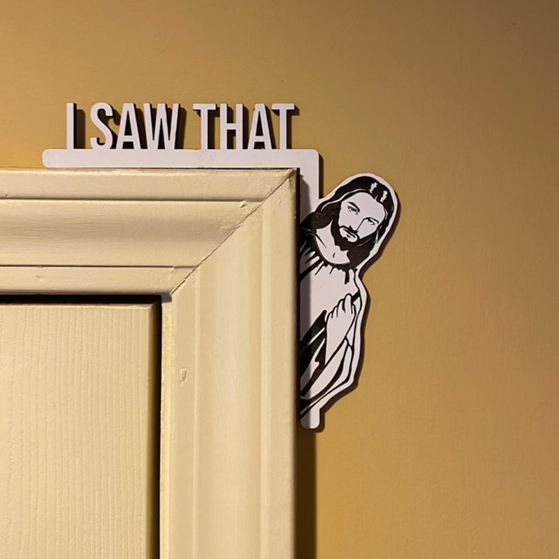 Grappige deurdecoratie van hout met Jezus, humoristische deurhanger voor in huis, leuk cadeau voor een housewarming | Covesville