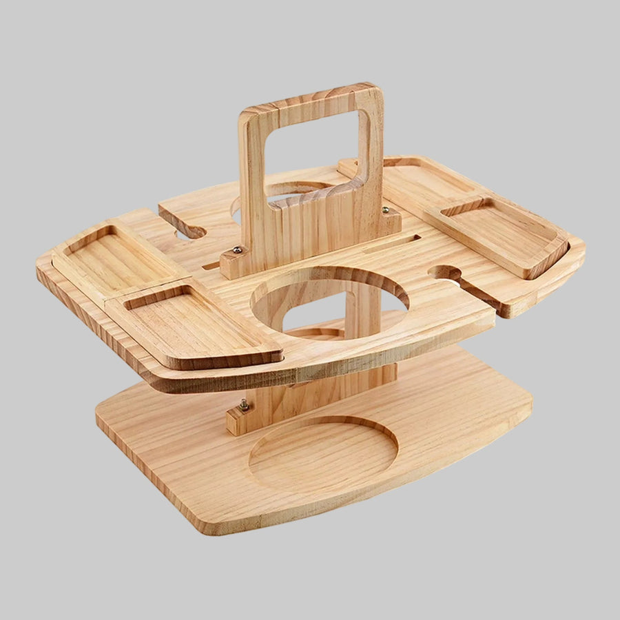 Houten wijntafel met handvat, uitsparingen voor fles en glazen en vakjes voor hapjes, voor tuin, balkon en park | Covesville