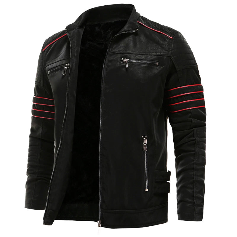 Bikerjack voor heren in zwarte leerlook met rode bies, opstaande kraag en ritszakken, model voor lente en herfst | Covesville