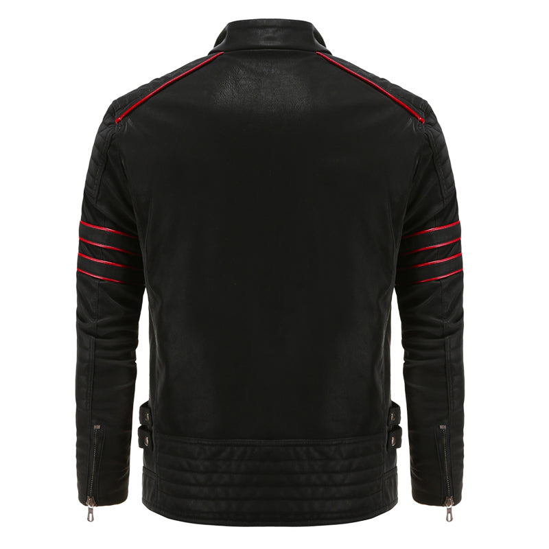 Bikerjack voor heren in zwarte leerlook met rode bies, opstaande kraag en ritszakken, model voor lente en herfst | Covesville