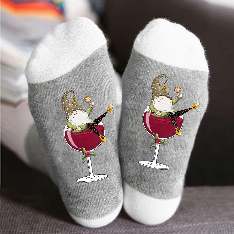Sokken met wijnglas en kabouter, unisex katoenen sokken van middelhoog model, grappig cadeau voor wijnliefhebbers | Covesville
