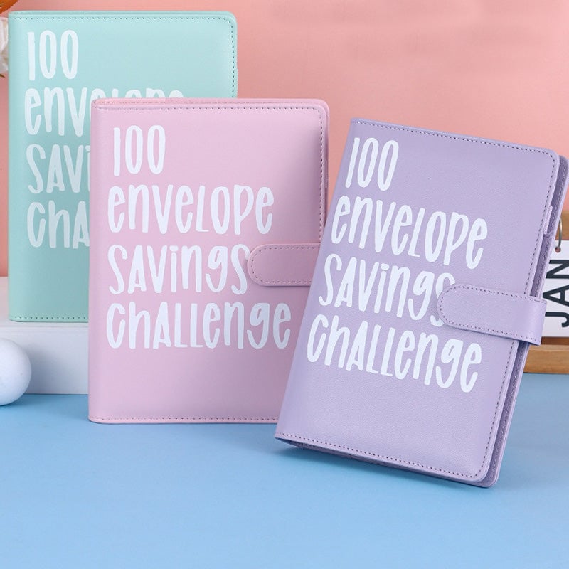 Spaarmap met 100 enveloppen voor de spaarchallenge, ringband van kunstleer met kaartvakken en trackerblad | Covesville