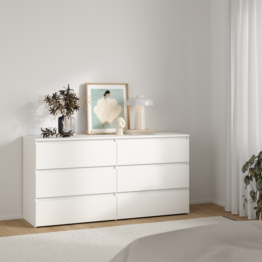 Ladekast wit met 6 laden, dubbele commode van 138 cm breed met foliecoating, zonder losse grepen, voor de slaapkamer | Covesville