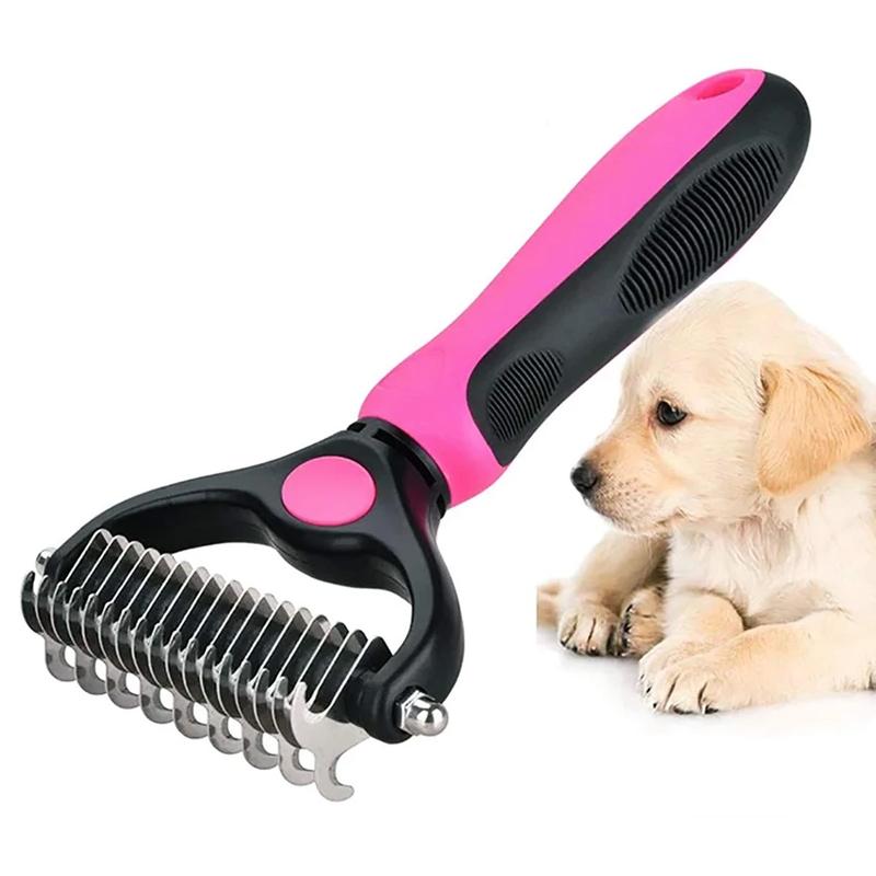 Ondervachtborstel voor honden en katten, ontklitter en ontharingsborstel met roestvrijstalen mes, in blauw of roze | Covesville