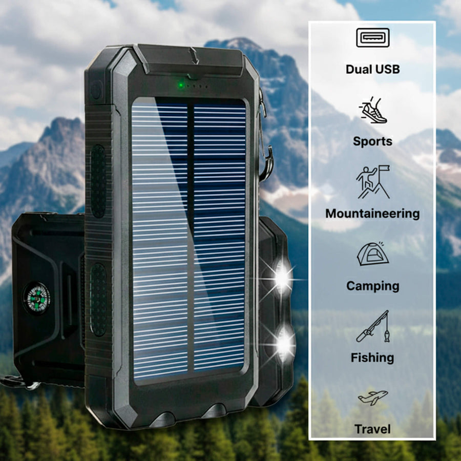 Solar powerbank met zonnepaneel, dubbele USB-uitgang, LED-zaklamp en kompas, voor kamperen, wandelen en reizen | Covesville