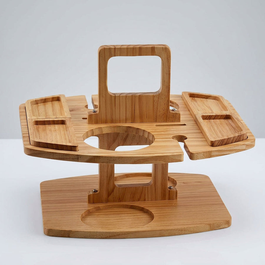 Houten wijntafel met handvat, uitsparingen voor fles en glazen en vakjes voor hapjes, voor tuin, balkon en park | Covesville