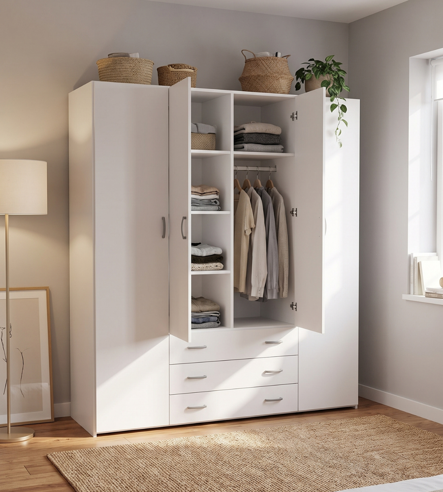 Witte kledingkast met 4 deuren en 3 laden, lichte uitstraling met legplanken en hangruimte voor de slaapkamer | Covesville