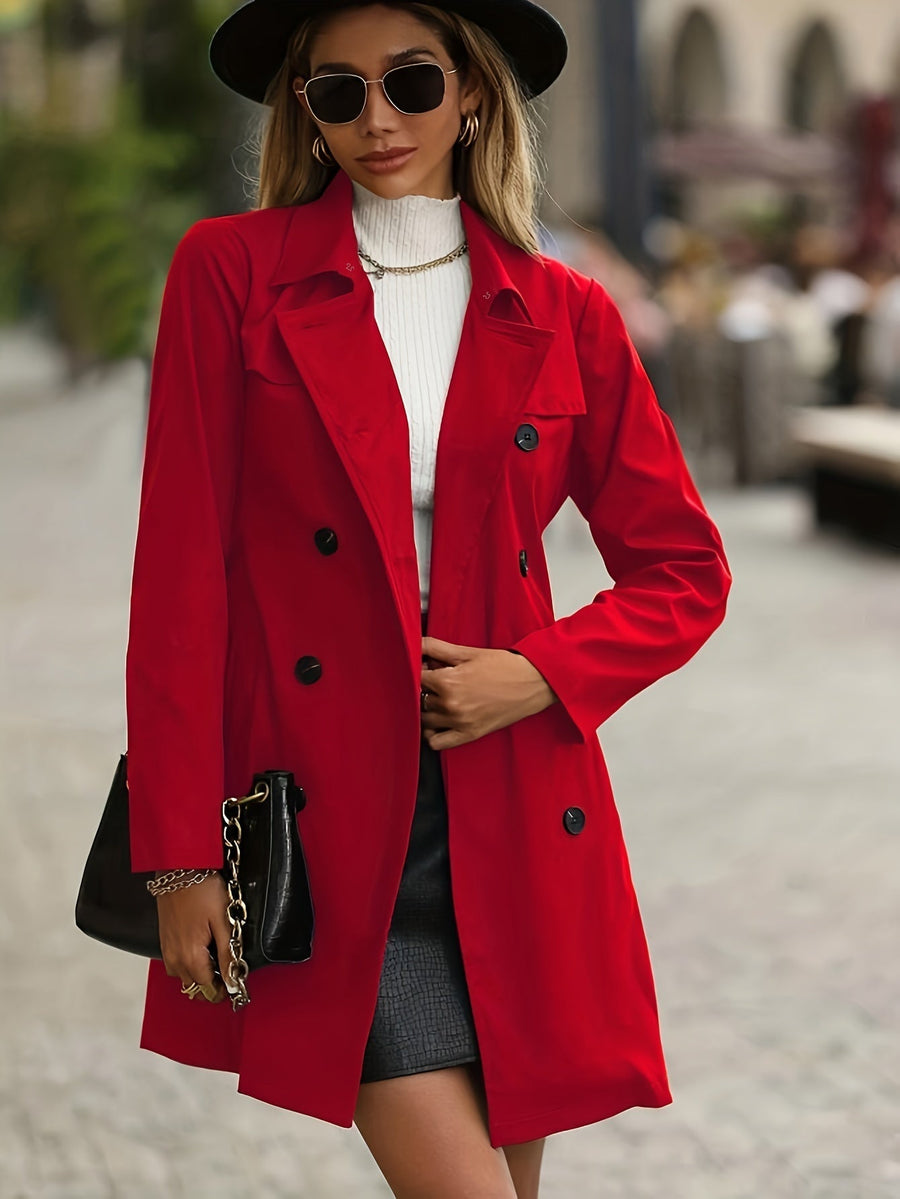 Trenchcoat voor dames met dubbele knopenrij en ceintuur, halflang model met reverskraag, in rood, camel en zwart | Covesville