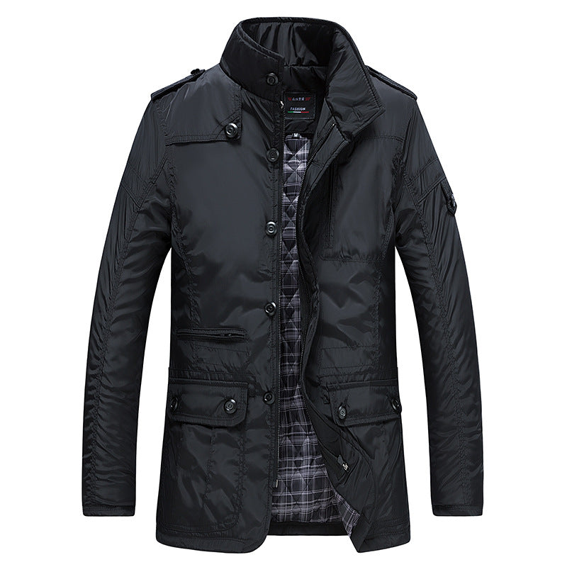 Herenjas met opstaande kraag, ritssluiting en knopen, klepzakken en geruite voering, in zwart en kaki, XS tot 4XL | Covesville