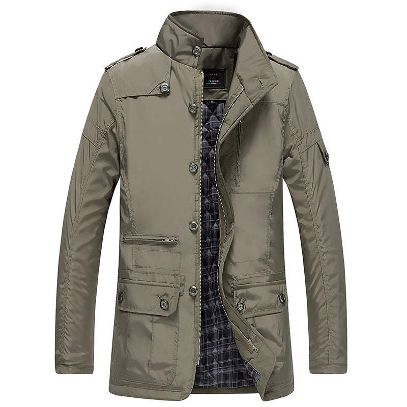 Herenjas met opstaande kraag, ritssluiting en knopen, klepzakken en geruite voering, in zwart en kaki, XS tot 4XL | Covesville