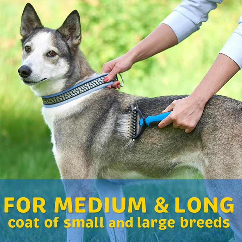 Ondervachtborstel voor honden en katten, ontklitter en ontharingsborstel met roestvrijstalen mes, in blauw of roze | Covesville