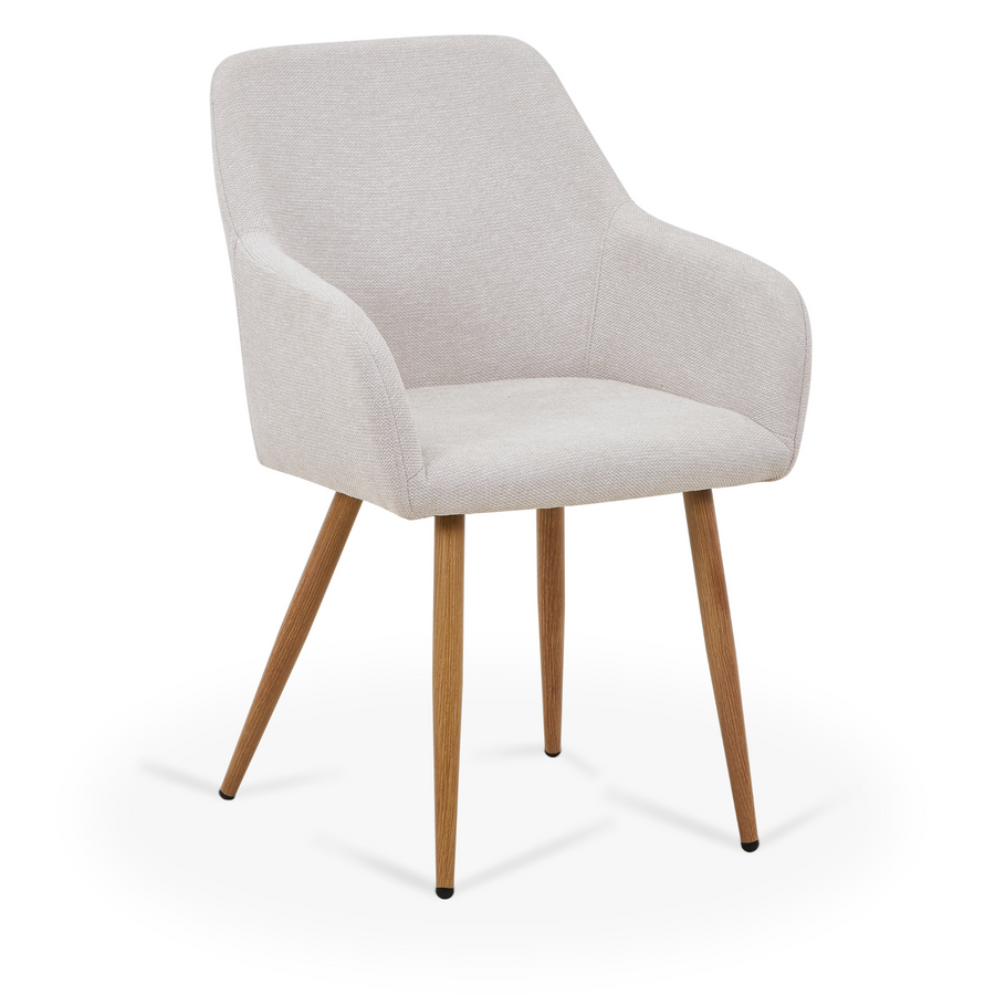 Eetkamerstoel beige met armleuningen, gestoffeerd in zacht textiel met metalen poten in eikenlook, voor de eettafel | Covesville