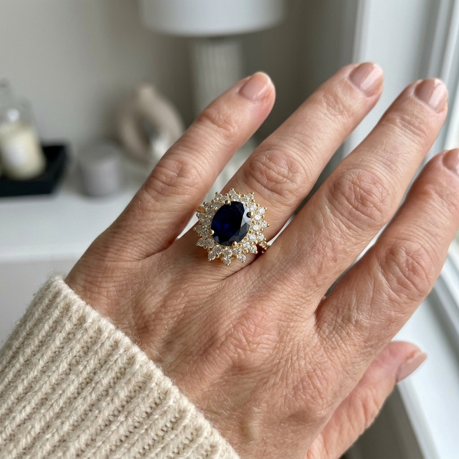 Ring met blauwe steen omringd door glinsterende steentjes, damesring in goud of zilver, ringmaat 50 tot 62 | Covesville