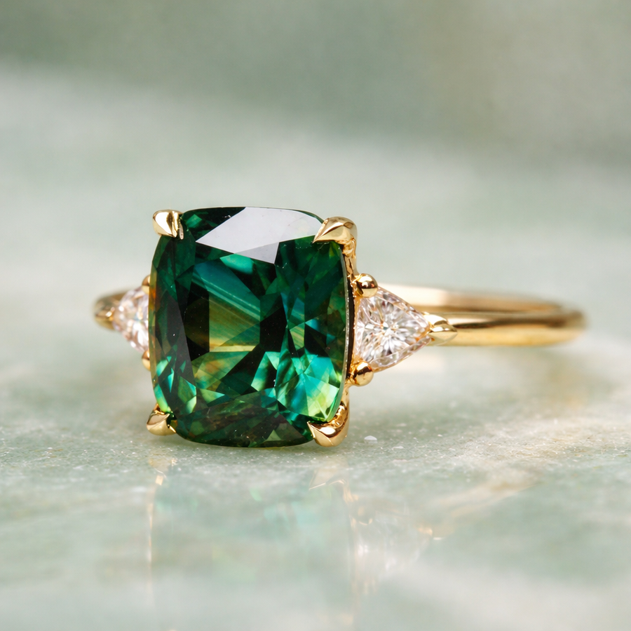 Ring met groene steen en twee zijstenen, goudkleurige damesring met glinsterende steentjes, ringmaat 50 tot 62 | Covesville