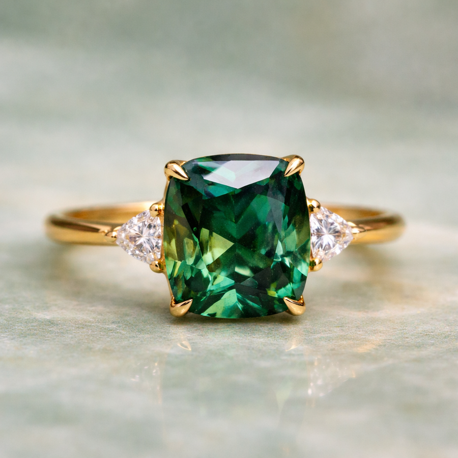 Ring met groene steen en twee zijstenen, goudkleurige damesring met glinsterende steentjes, ringmaat 50 tot 62 | Covesville