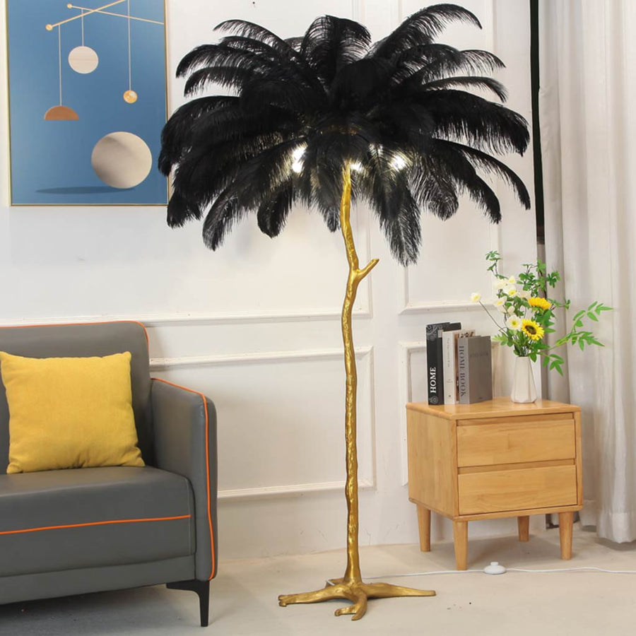 Vloerlamp met struisvogelveren, luxe staande lamp met harsvoet en LED in zestien kleuren, van 120 tot 200 cm hoog | Covesville