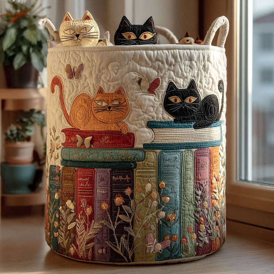 Wasmand met katten en boeken, gewatteerd, met canvas handvaten, rondom bedrukt, opvouwbaar, 36 x 46 tot 51 x 71 cm | Covesville