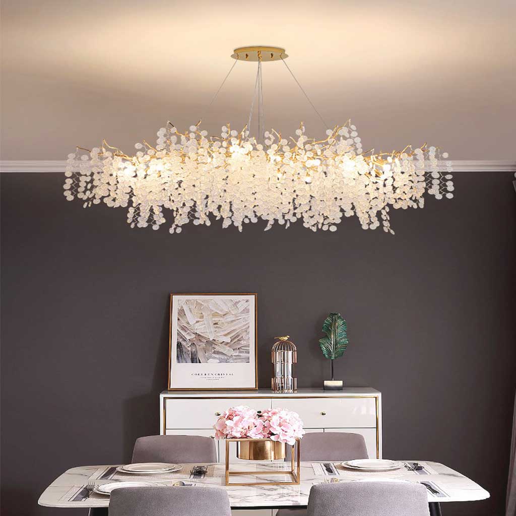 Gouden kroonluchter met glazen bladeren, LED hanglamp met takkenframe in rond of breed model van 40 tot 150 cm | Covesville