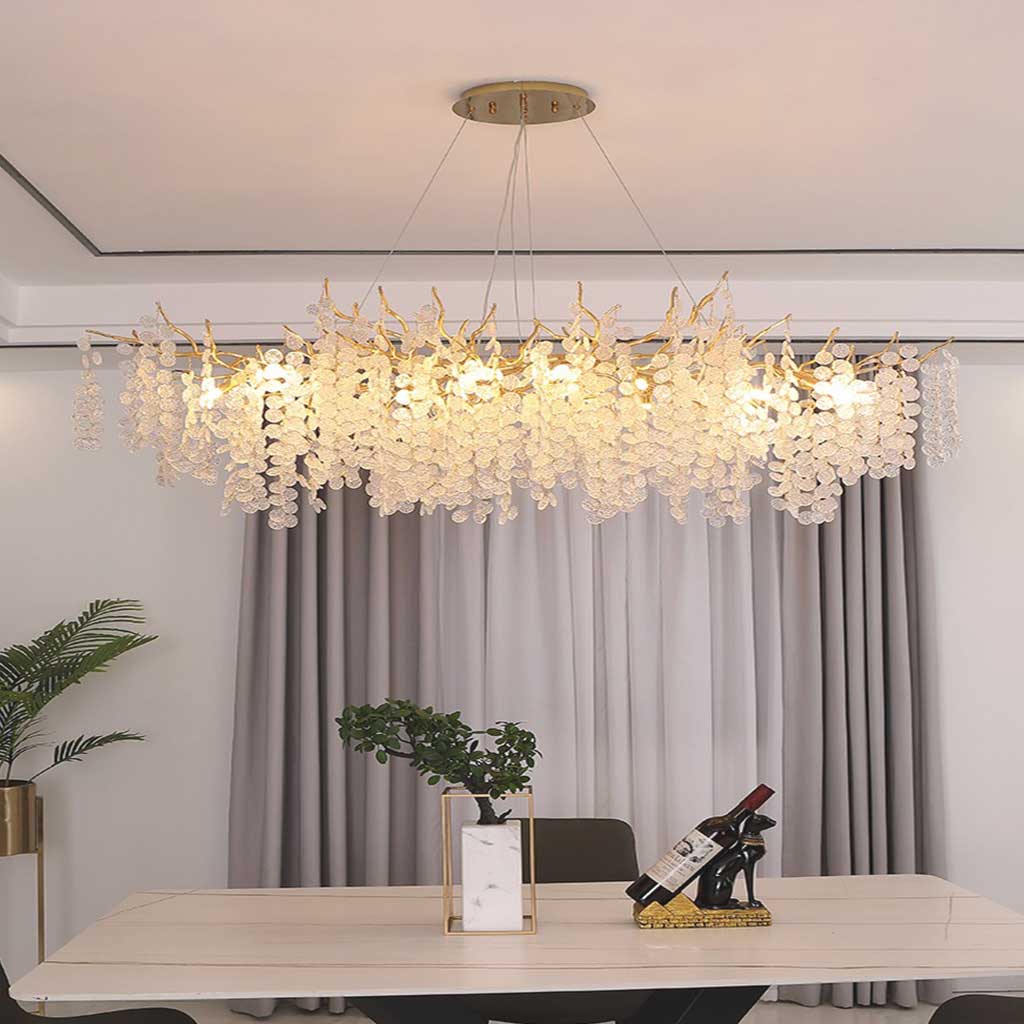 Gouden kroonluchter met glazen bladeren, LED hanglamp met takkenframe in rond of breed model van 40 tot 150 cm | Covesville
