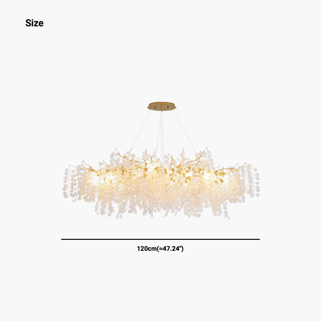Gouden kroonluchter met glazen bladeren, LED hanglamp met takkenframe in rond of breed model van 40 tot 150 cm | Covesville