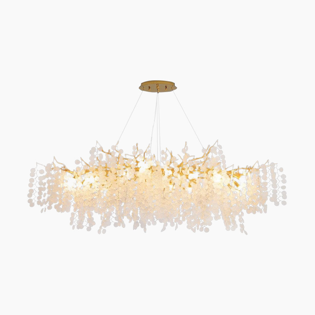 Gouden kroonluchter met glazen bladeren, LED hanglamp met takkenframe in rond of breed model van 40 tot 150 cm | Covesville