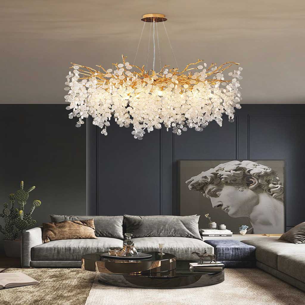Gouden kroonluchter met glazen bladeren, LED hanglamp met takkenframe in rond of breed model van 40 tot 150 cm | Covesville