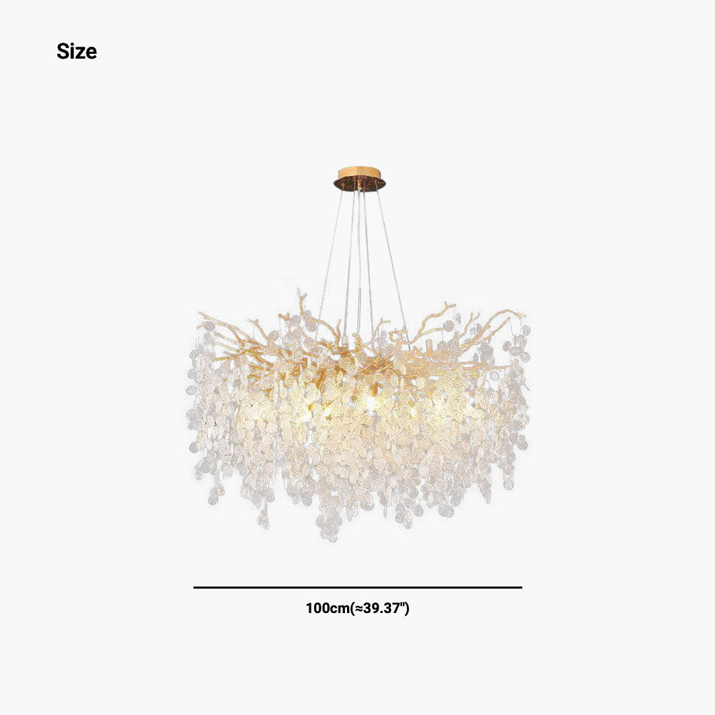 Gouden kroonluchter met glazen bladeren, LED hanglamp met takkenframe in rond of breed model van 40 tot 150 cm | Covesville