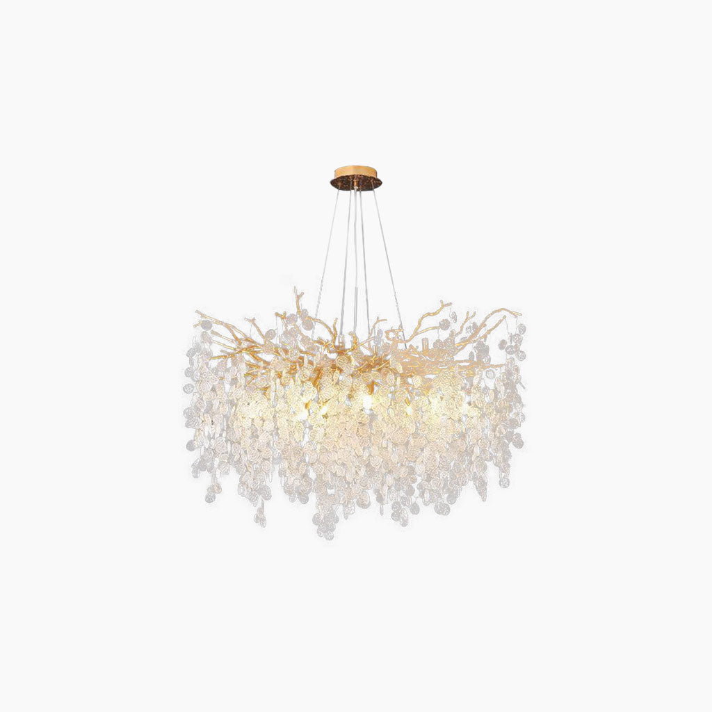 Gouden kroonluchter met glazen bladeren, LED hanglamp met takkenframe in rond of breed model van 40 tot 150 cm | Covesville