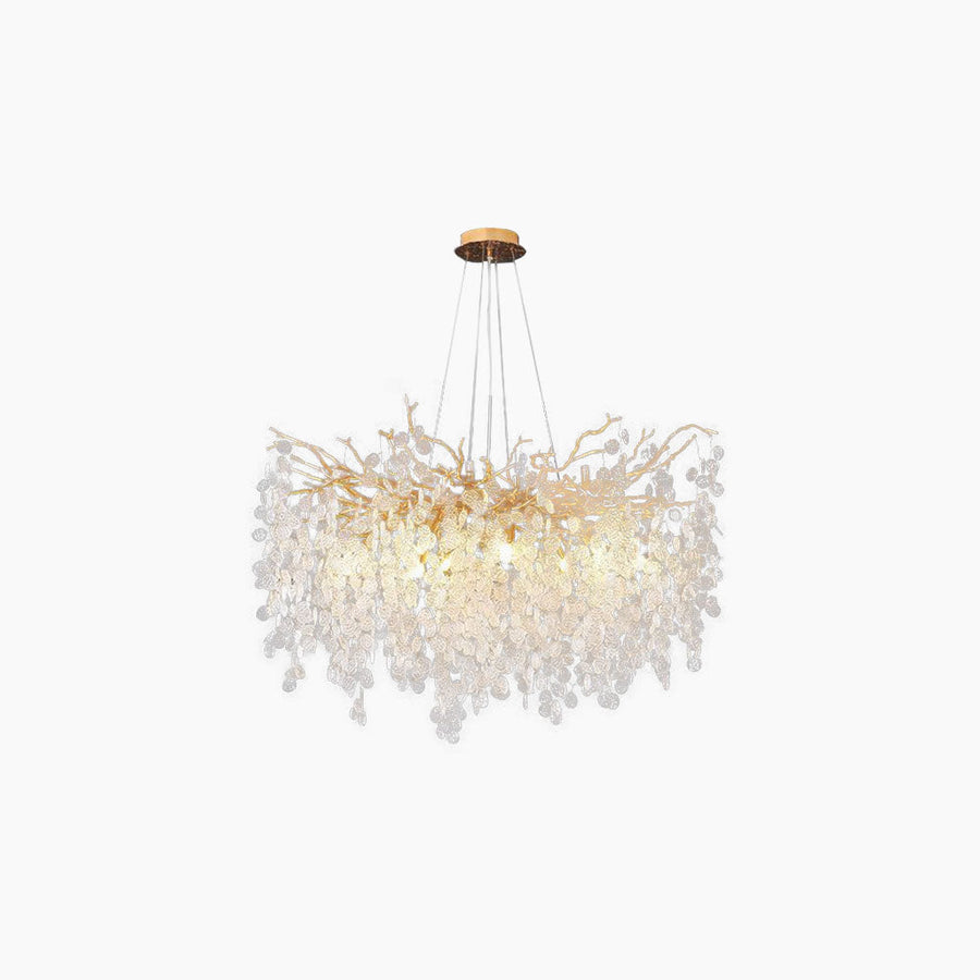 Gouden kroonluchter met glazen bladeren, LED hanglamp met takkenframe in rond of breed model van 40 tot 150 cm | Covesville
