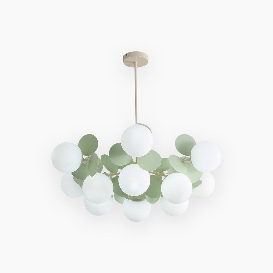 Kroonluchter met glazen bollen en gekleurde schijven, LED hanglamp in wit, groen of kleurrijk, met 8 tot 15 lampen | Covesville