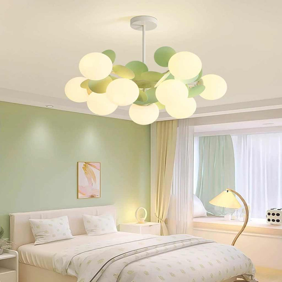 Kroonluchter met glazen bollen en gekleurde schijven, LED hanglamp in wit, groen of kleurrijk, met 8 tot 15 lampen | Covesville