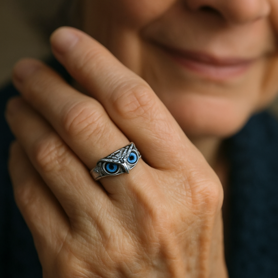 Verstelbare ring met uil, zilverkleurig met blauwe stenen als ogen en een open band, een mooi cadeau voor haar | Covesville
