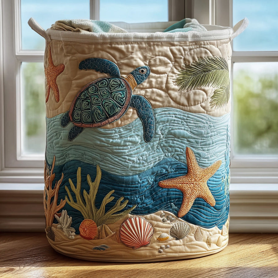 Wasmand met zeemotief, gewatteerd, met schildpad, zeester en schelpen, canvas handvaten, 36 x 46 tot 51 x 71 cm | Covesville