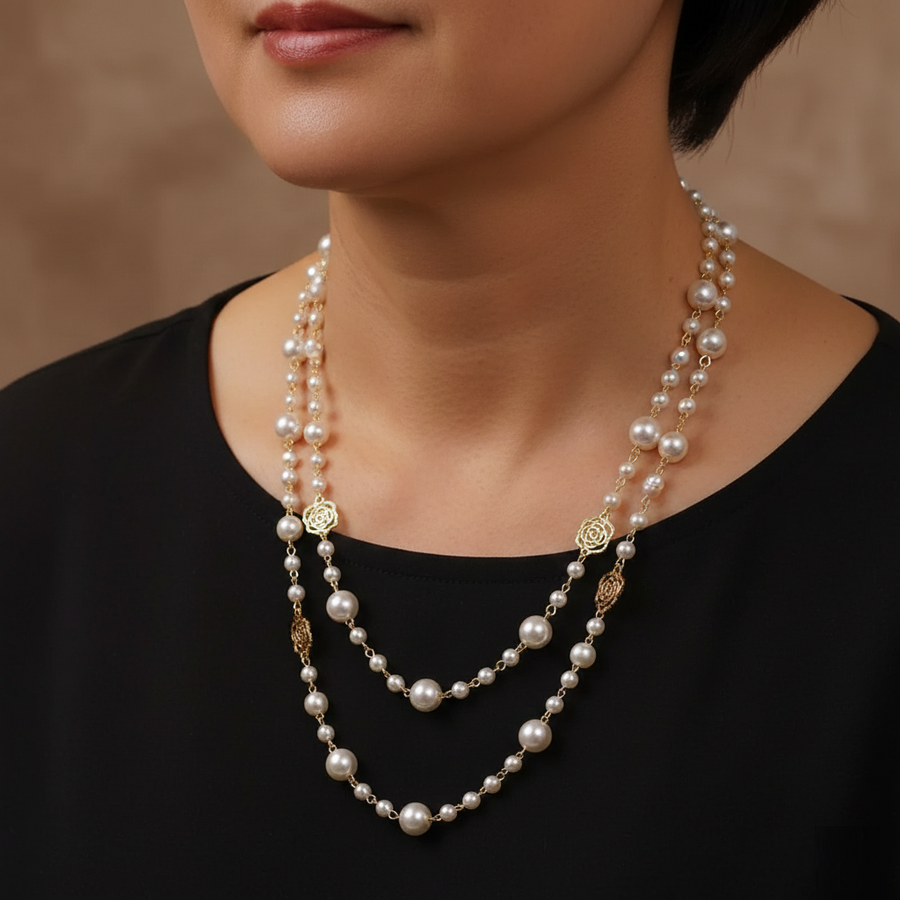 Lange parelketting met goudkleurige bloemetjes, dubbele halsketting met parelkralen, elegant sieraad voor dames | Covesville