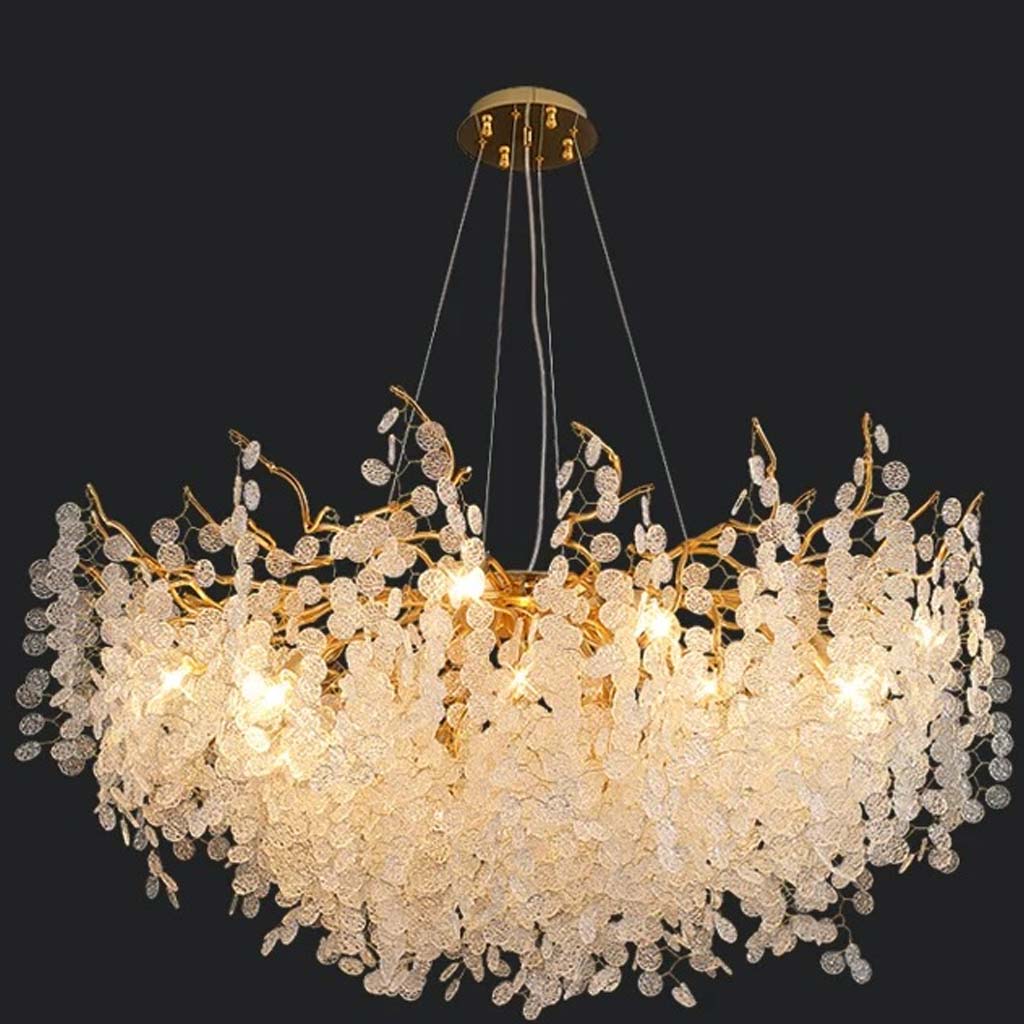 Gouden kroonluchter met glazen bladeren, LED hanglamp met takkenframe in rond of breed model van 40 tot 150 cm | Covesville