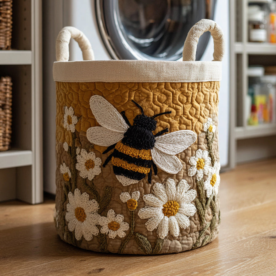 Wasmand met bijen en madeliefjes, gewatteerd, canvas handvaten, rondom bedrukt, opvouwbaar, 36 x 46 tot 51 x 71 cm | Covesville