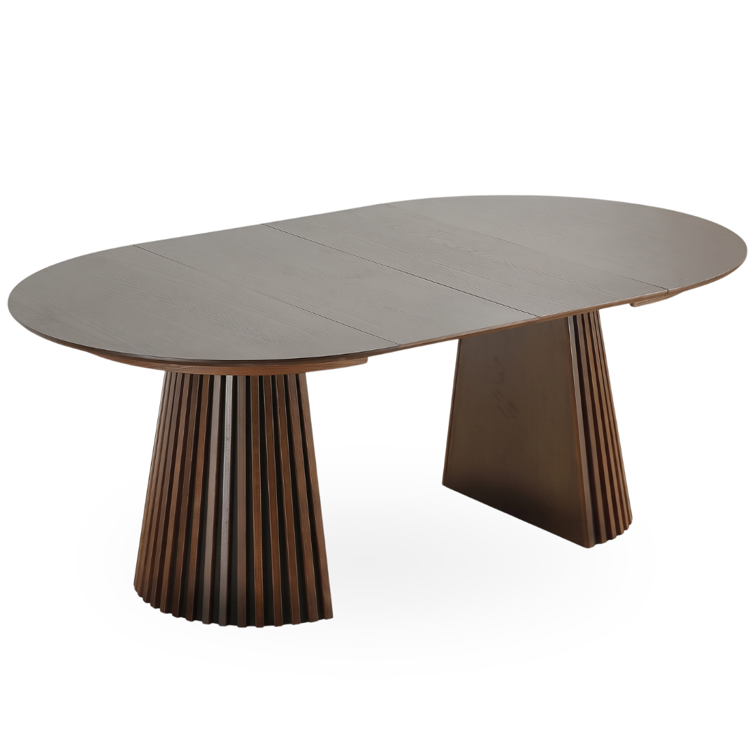Uitschuifbare ronde eettafel in gerookt eikenfineer, 120 cm uit te schuiven tot 160 of 200 cm met lamellenvoet | Covesville