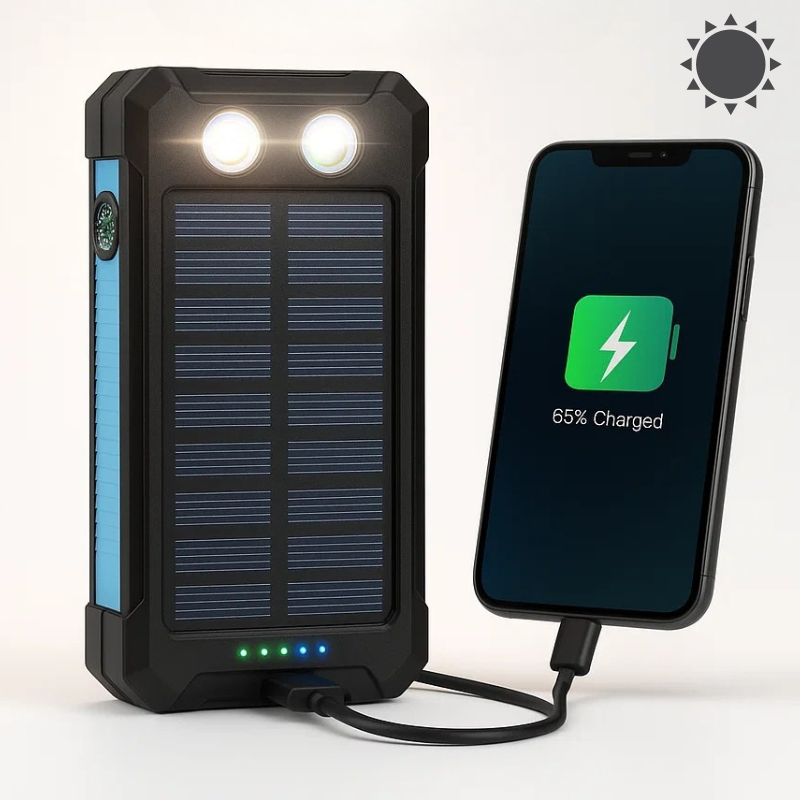 Solar powerbank met zonnepaneel, dubbele USB-uitgang, LED-zaklamp en kompas, voor kamperen, wandelen en reizen | Covesville