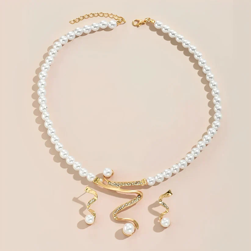 Parelketting met oorbellen, sieradenset met parelkralen en goudkleurige hanger met glinsterende steentjes | Covesville
