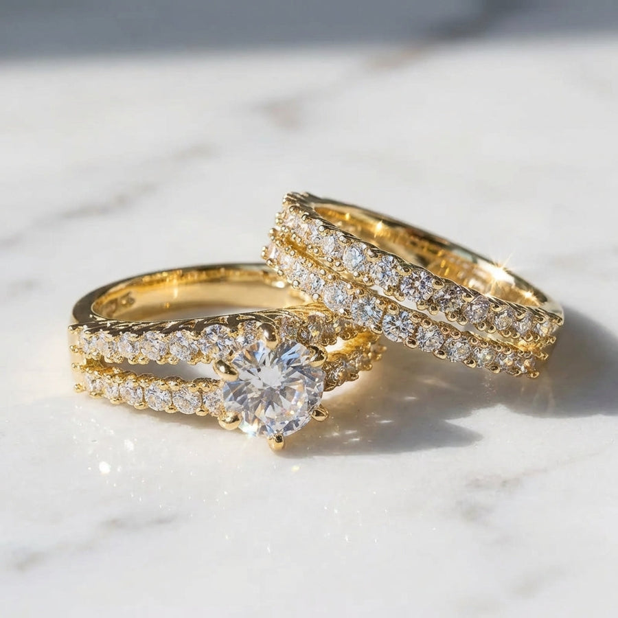 Ringenset met twee ringen en glinsterende steentjes in goud, zilver of roségoud, stapelbare damesringen | Covesville