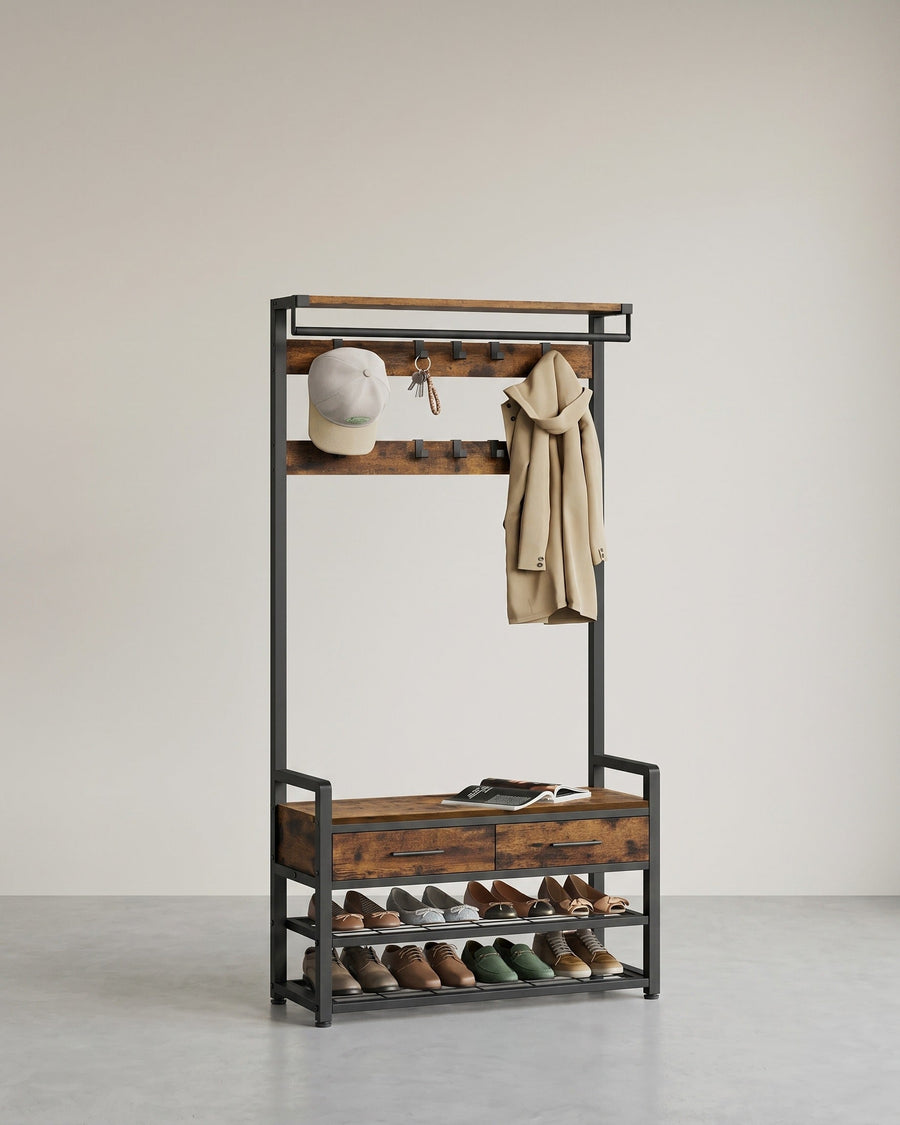 Kapstok met schoenenrek, zitbank en 2 lades, halmeubel van staal en spaanplaat met kledingroede, 30 x 80 x 182 cm | Covesville