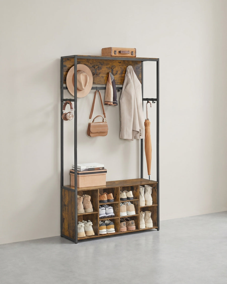 Kapstok met bank en schoenenrek, industrieel 4-in-1 meubel van staal en spaanplaat, 32 x 100 x 180 cm, bruin of eiken | Covesville