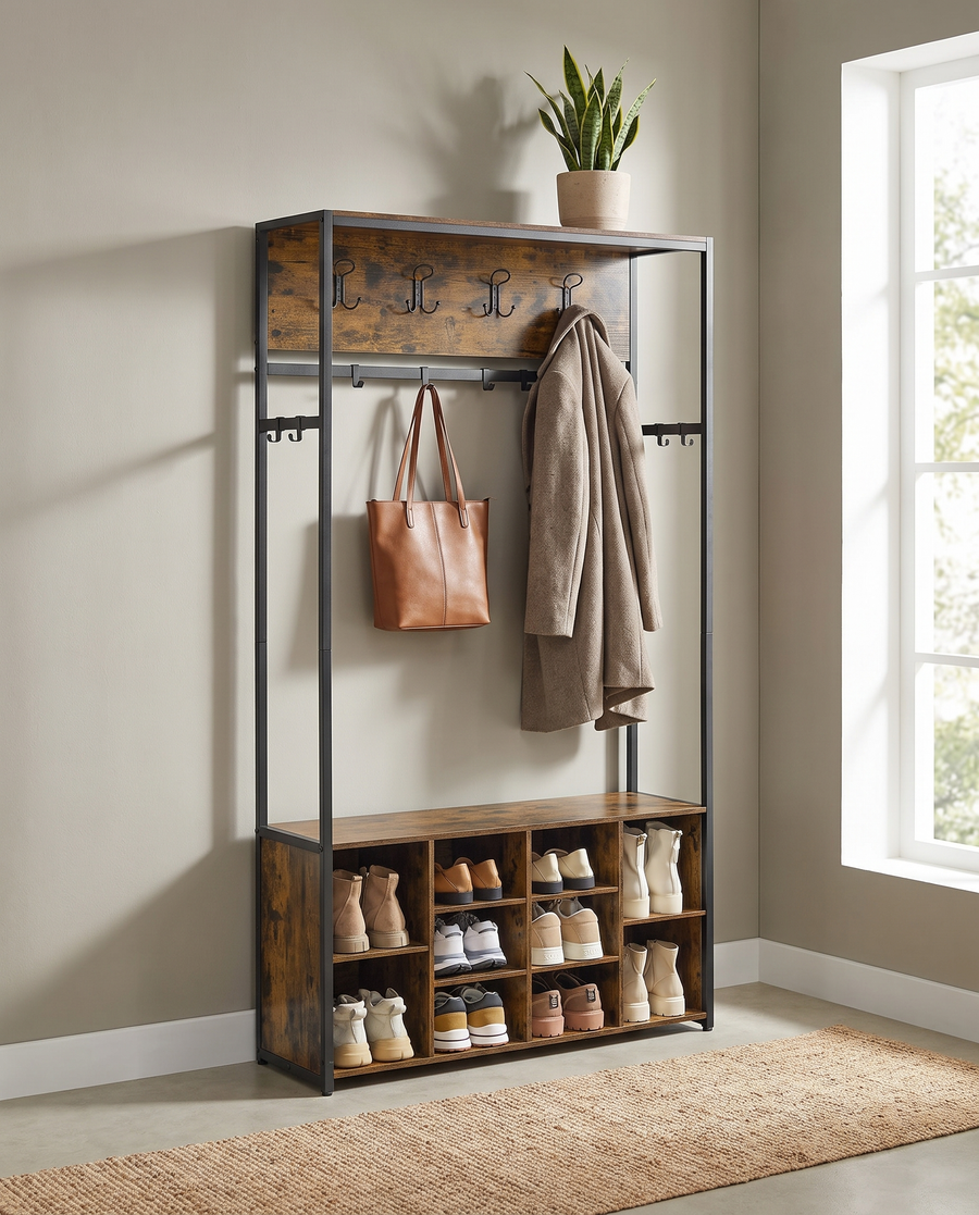 Kapstok met bank en schoenenrek, industrieel 4-in-1 meubel van staal en spaanplaat, 32 x 100 x 180 cm, bruin of eiken | Covesville
