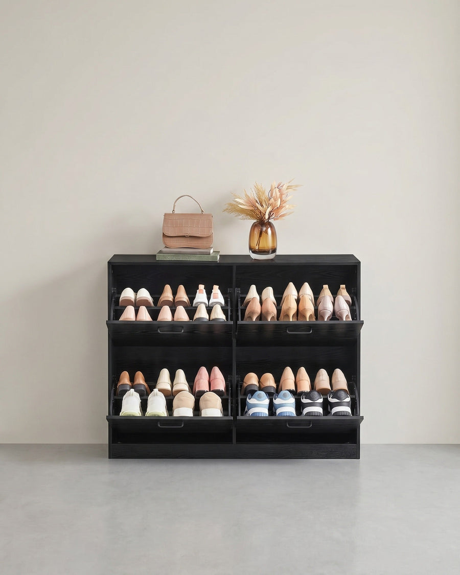 Schoenenkast met 4 kleppen, smal model van 24 cm diep van spaanplaat, voor 16 tot 28 paar schoenen, zwart of wit | Covesville