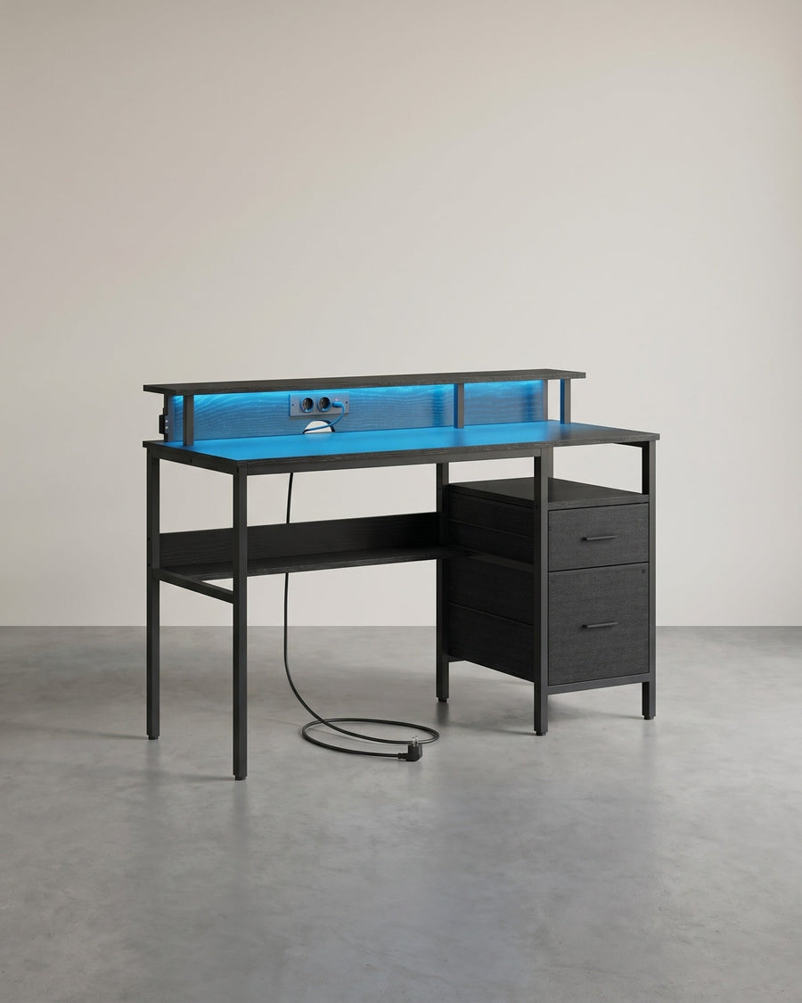 Bureau met lades, computertafel met monitorstandaard, 2 stopcontacten, 2 USB-poorten, LED-verlichting, 120 of 135 cm | Covesville