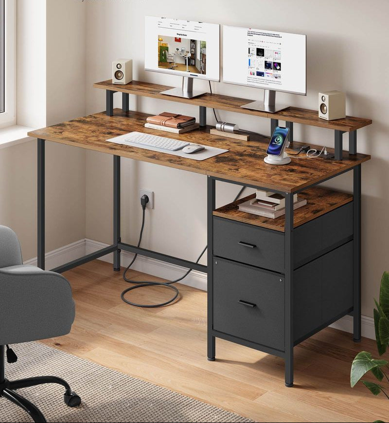 Bureau met lades, computertafel met monitorstandaard, 2 stopcontacten, 2 USB-poorten, LED-verlichting, 120 of 135 cm | Covesville