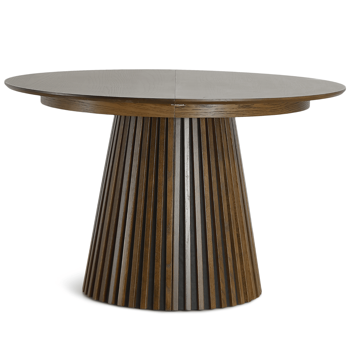 Uitschuifbare ronde eettafel in gerookt eikenfineer, 120 cm uit te schuiven tot 160 of 200 cm met lamellenvoet | Covesville
