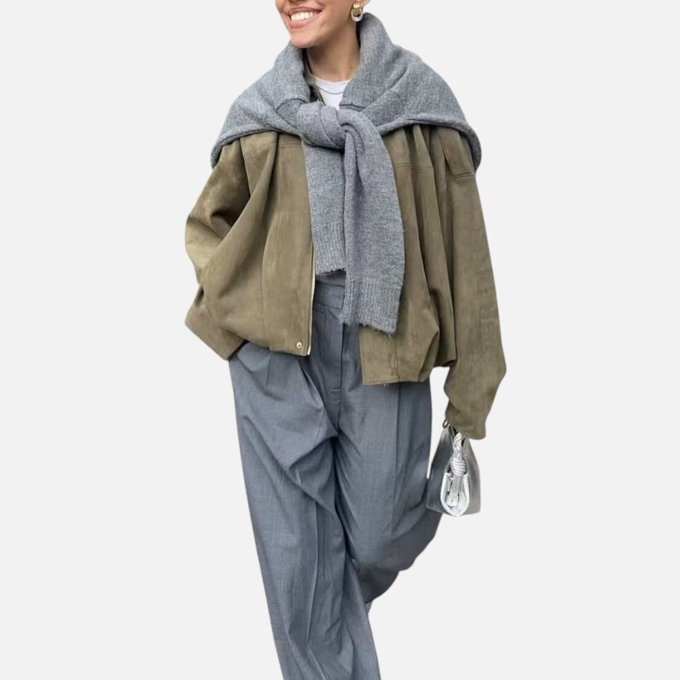 Suède jasje dames in kunstsuède, kort model met verborgen rits en elastische zoom, in groen, bruin, kaki of zwart | Covesville