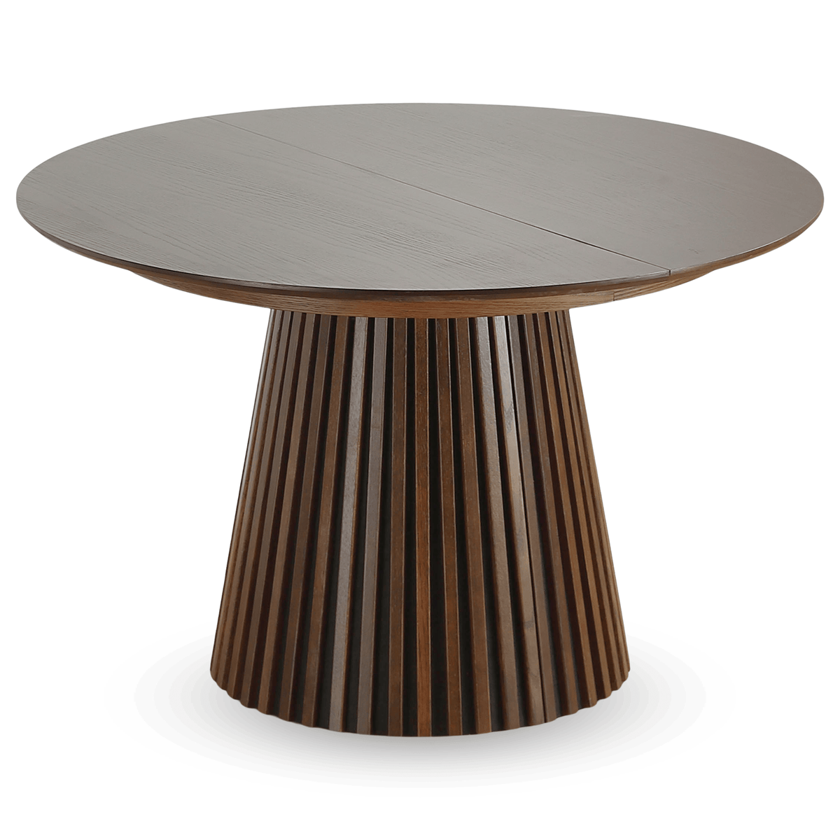 Uitschuifbare ronde eettafel in gerookt eikenfineer, 120 cm uit te schuiven tot 160 of 200 cm met lamellenvoet | Covesville