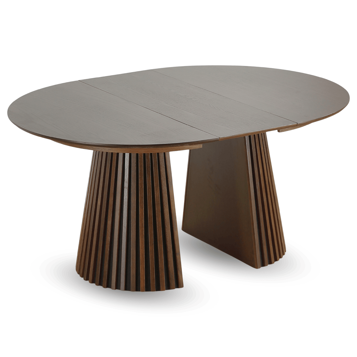Uitschuifbare ronde eettafel in gerookt eikenfineer, 120 cm uit te schuiven tot 160 of 200 cm met lamellenvoet | Covesville